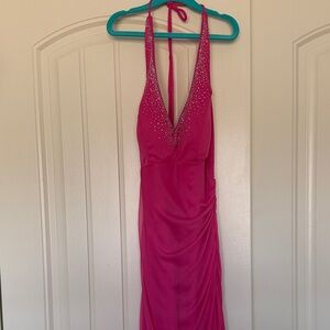Blondie Nites Fuchsia Backless Dress with Embellished Neckline Sz 3 EUC